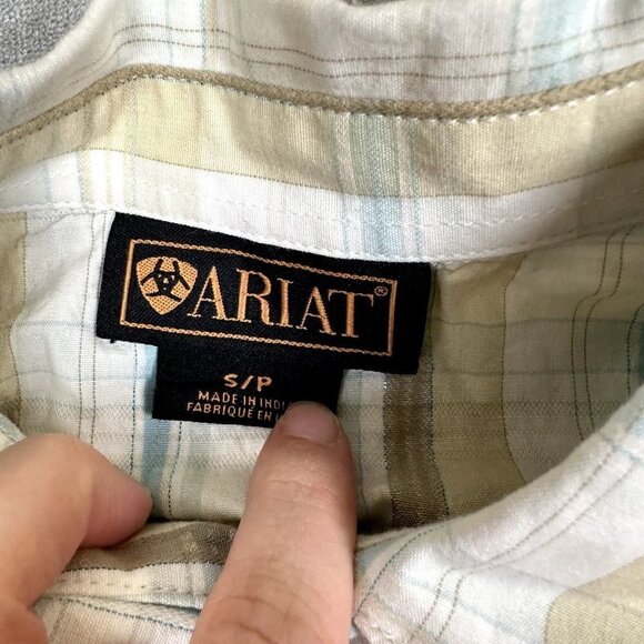 ARIAT Womens SZ Small Fitted Tan Blue Cream Plaid Embroidered Studded Snap Shirt - Picture 3 of 8